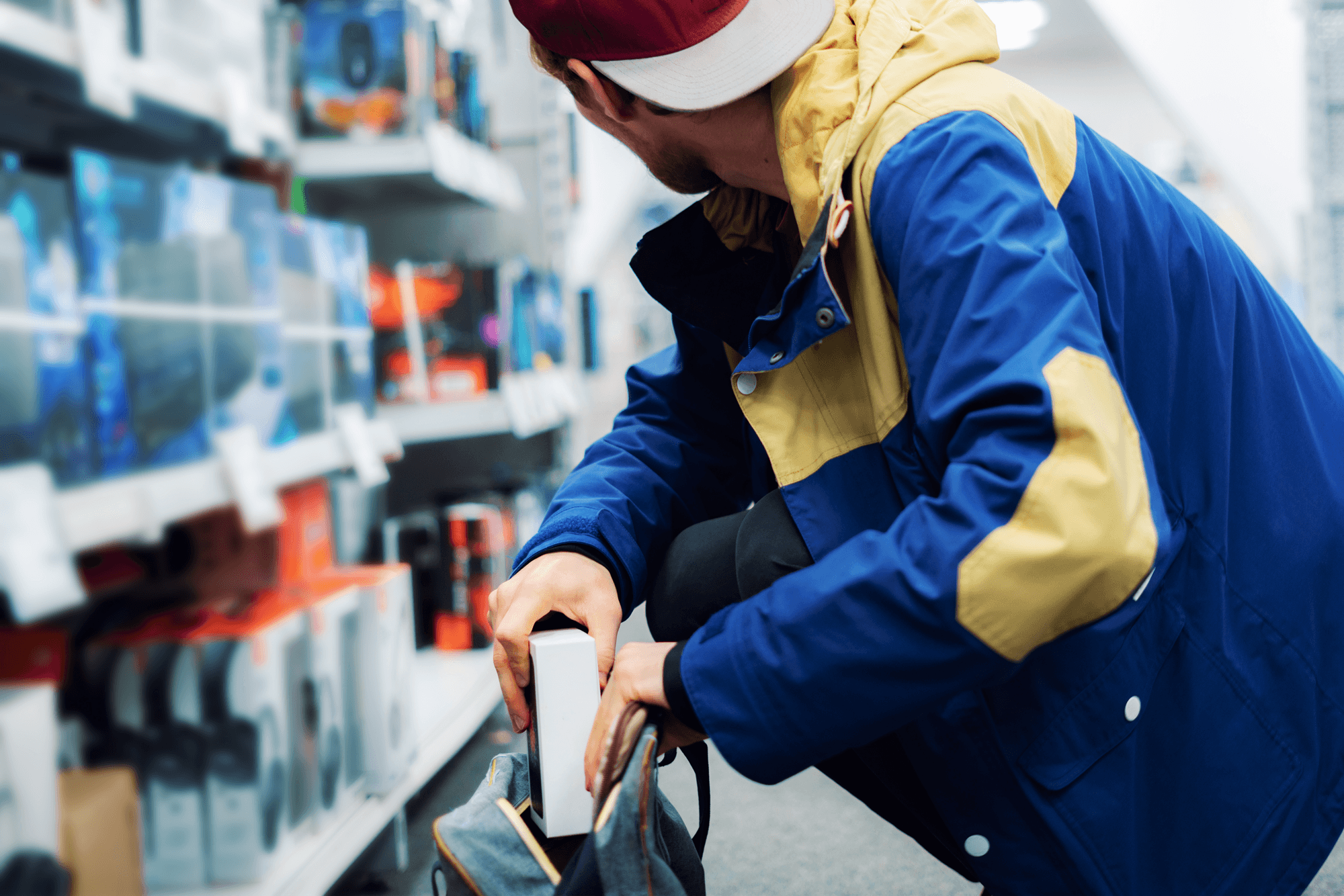 man in blue jacket in a store placing stolen goods into a bag 