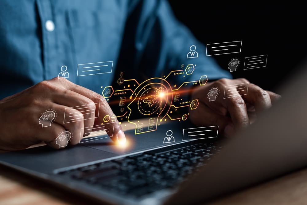 laptop with AI overlay projected above the keyboard