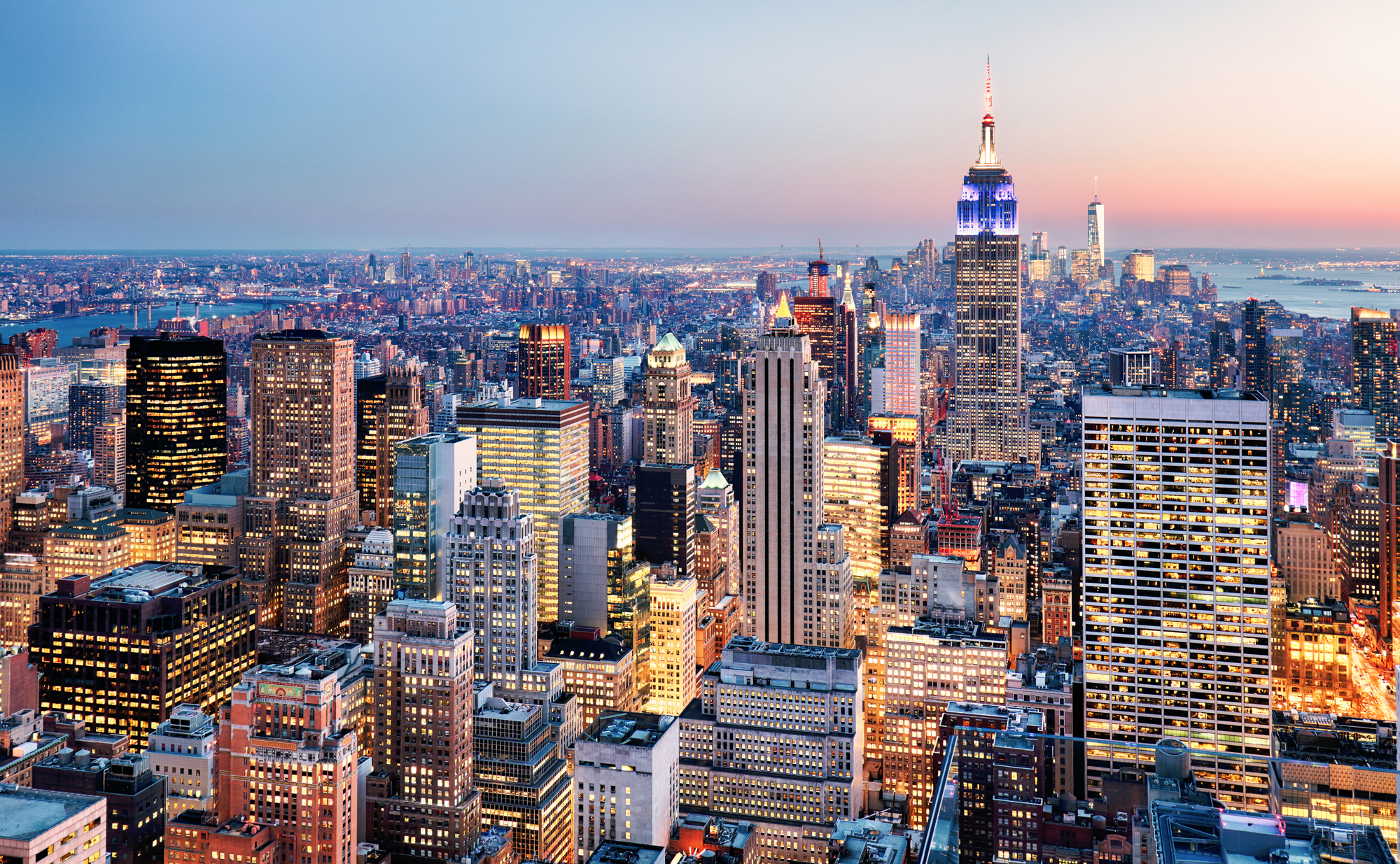 new york city skyline at twilight