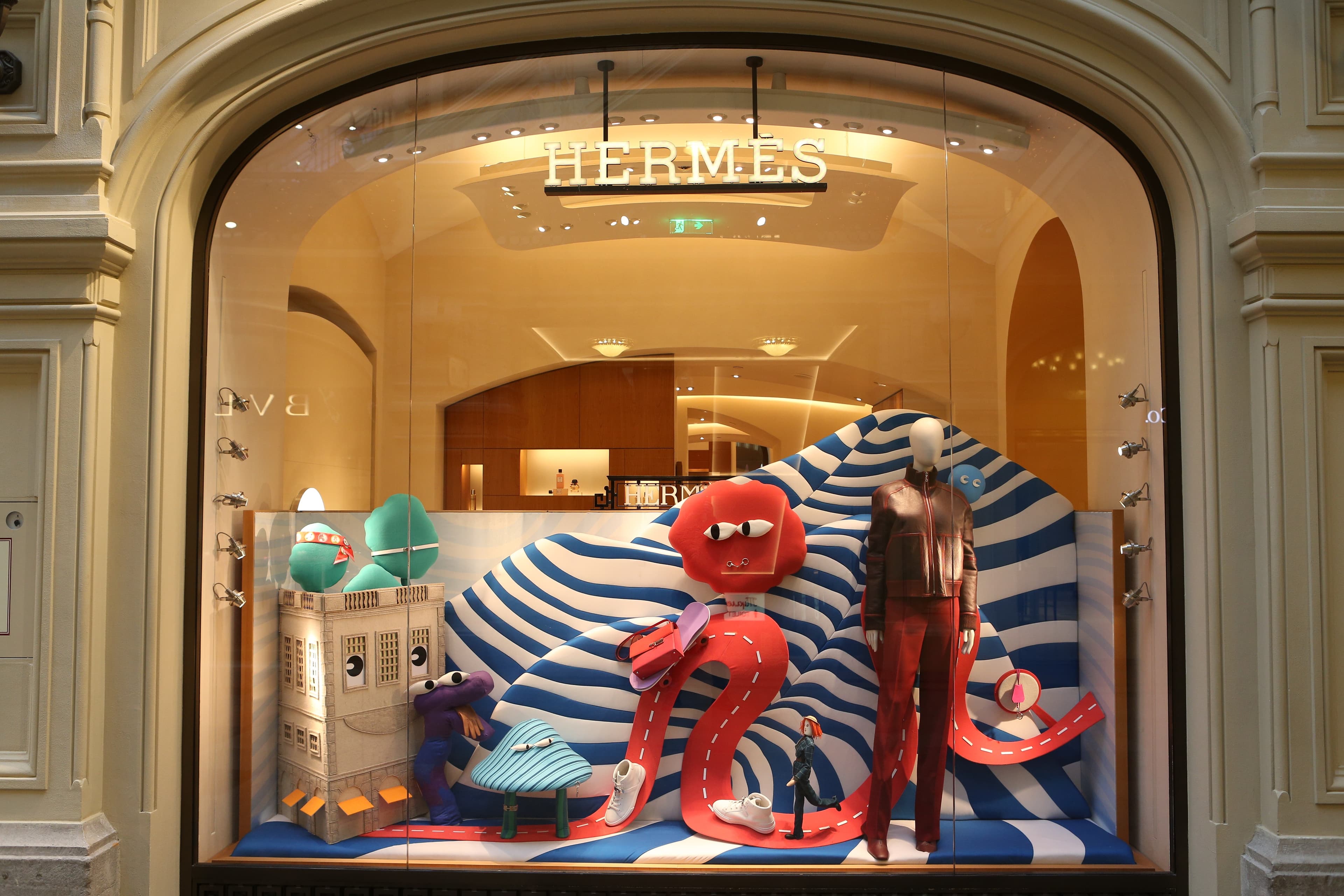 Creative shop window, store display of Hermes boutique shop in GUM department store in Moscow city