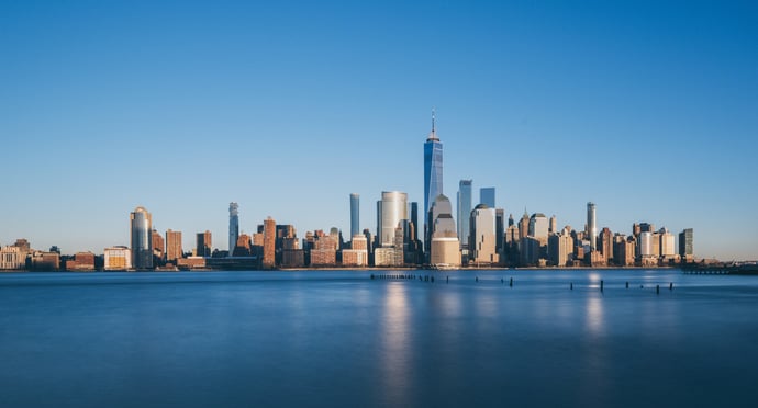 Lower Manhattan skyline over the water