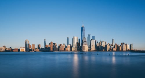 Lower Manhattan skyline over the water
