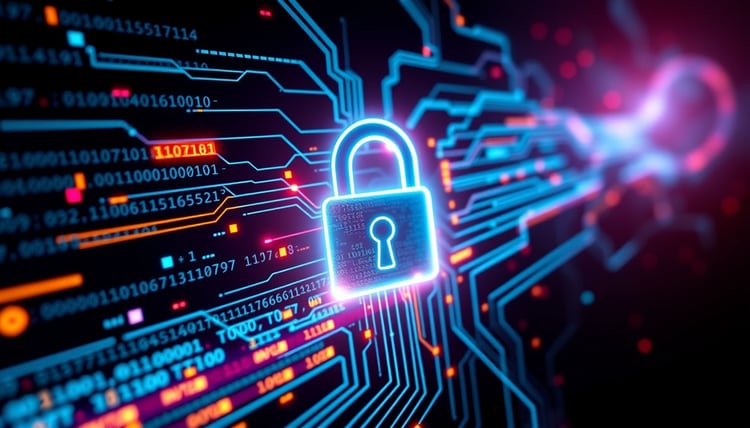 A glowing digital lock surrounded by streams of binary code and data points, symbolizing cybersecurity.