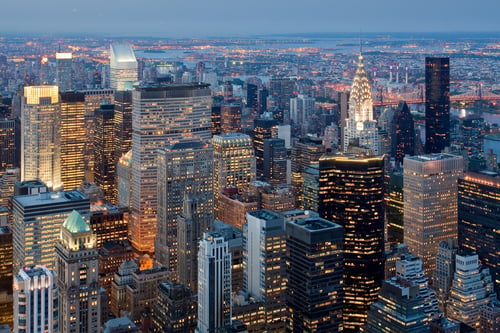aerial view of the new york skyline at night 